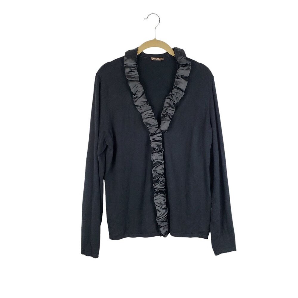 J McLaughlin Satin Ruffle V-Neck Cardigan Sweater Black Dressy Womens Size XL